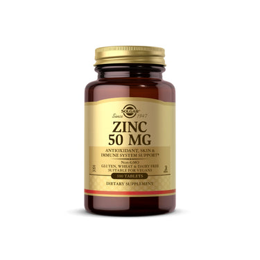 Solgar Zinc Gluconate 50mg capsules on a white background for immune health and eye health.